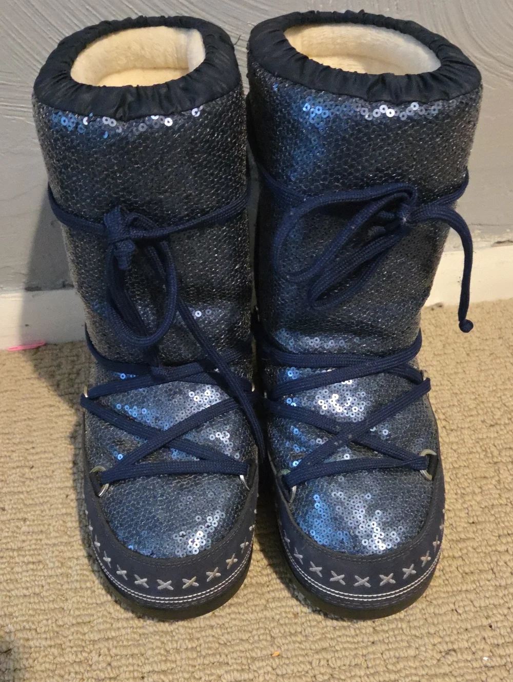 Bogner Navy Sequin Winter Boots with Cream Lining